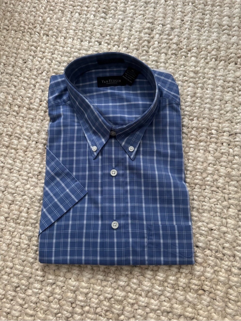 Van Heusen Navy and White Plaid Short-Sleeve Button-Down Shirt